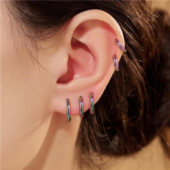 5 Pairs Small Rainbow Hoop Earrings Unisex Hypoallergenic 316L Stainless Steel - Picture 3 of 7